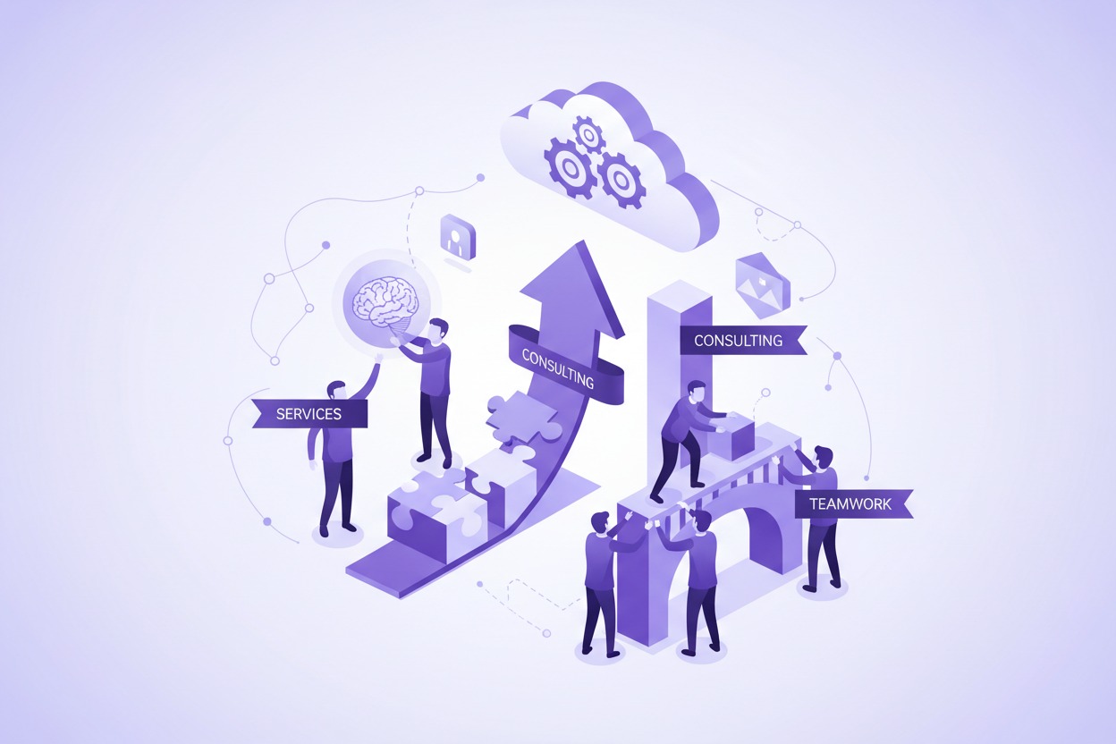 An isometric business illustration in shades of purple showing figures working together on puzzle pieces, a bridge, and an upward-pointing arrow under a cloud with gears.