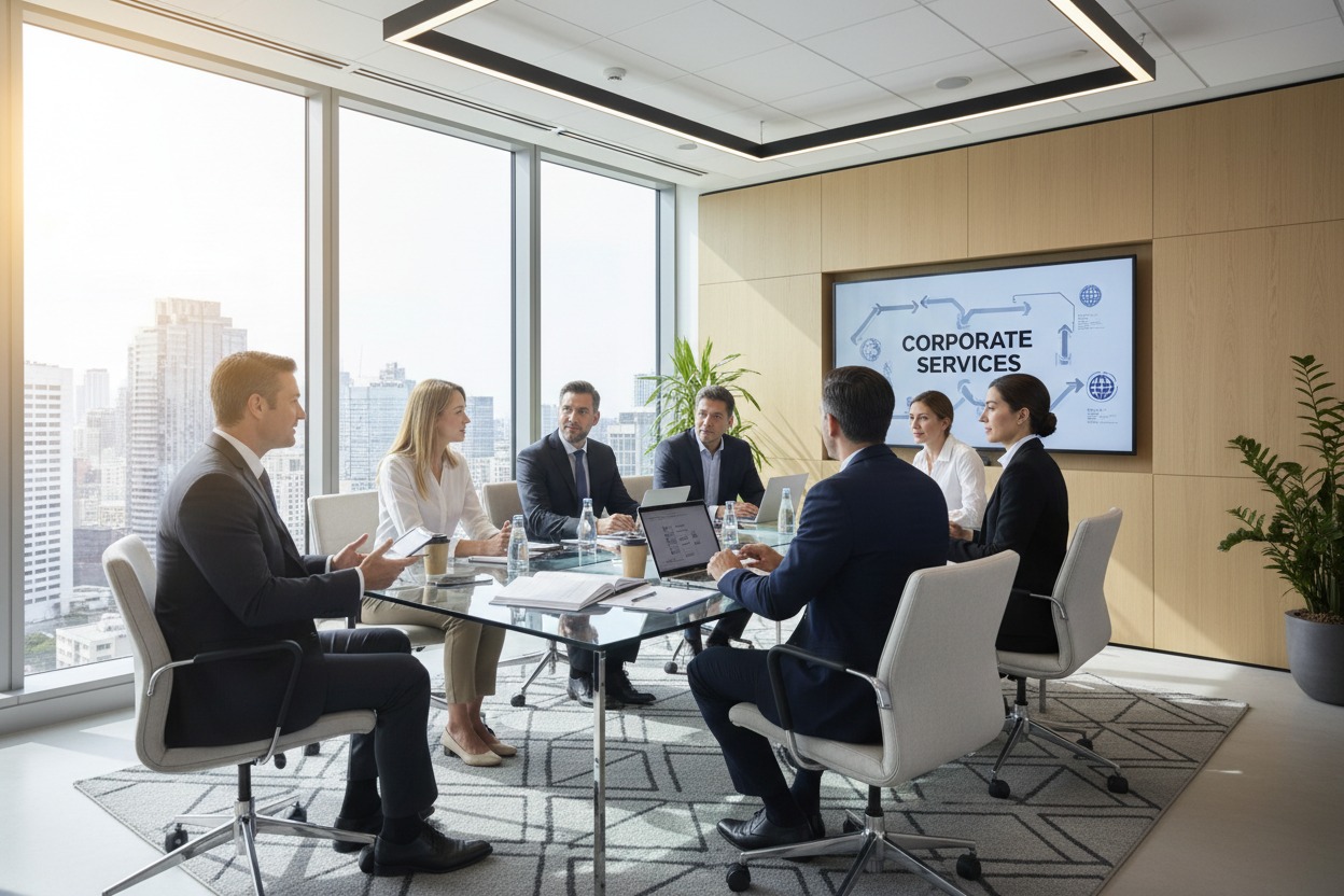 A diverse group of business professionals in formal attire sit around a glass conference table in a modern corporate boardroom with large windows displaying a city skyline.